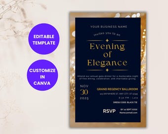 Editable Gala Invitation, Printable Navy and Gold Fundraising Dinner & Awards Night Invite, Black Tie Corporate Event, Canva Template Design