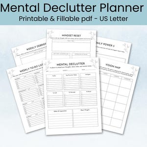 Druckbarer mentaler Deklutter Planer, ADHS Gehirndump Tagebuch, Vision Map, tägliche Power 3, wöchentliche To-Do Liste, Mindset-Reset, wöchentliche Nachbesprechung