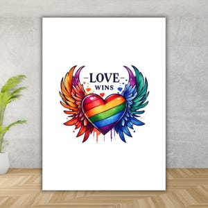 Carte de fierté imprimable - « L'AMOUR WINS » coeur arc-en-ciel avec des ailes - Art de célébration LGBTQ+ - Téléchargement numérique - Carte du mois de la fierté