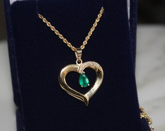 Heart shaped pendant with tear drop natural emerald and diamonds / pear cut emerald heart shape solid gold necklace