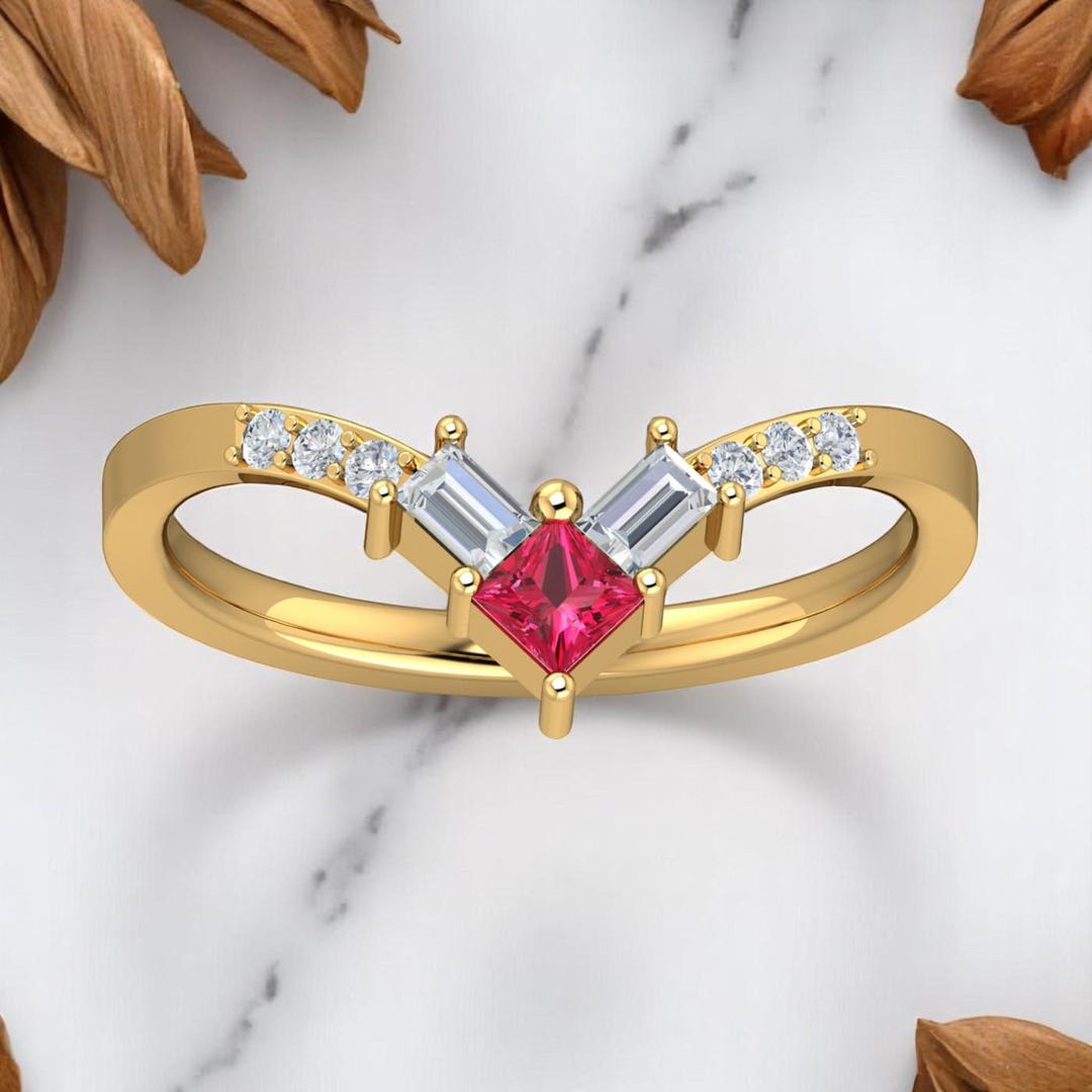 Ruby Solitaire Square Shape Ruby Diamond Chevron Bridal Wedding Ring ...