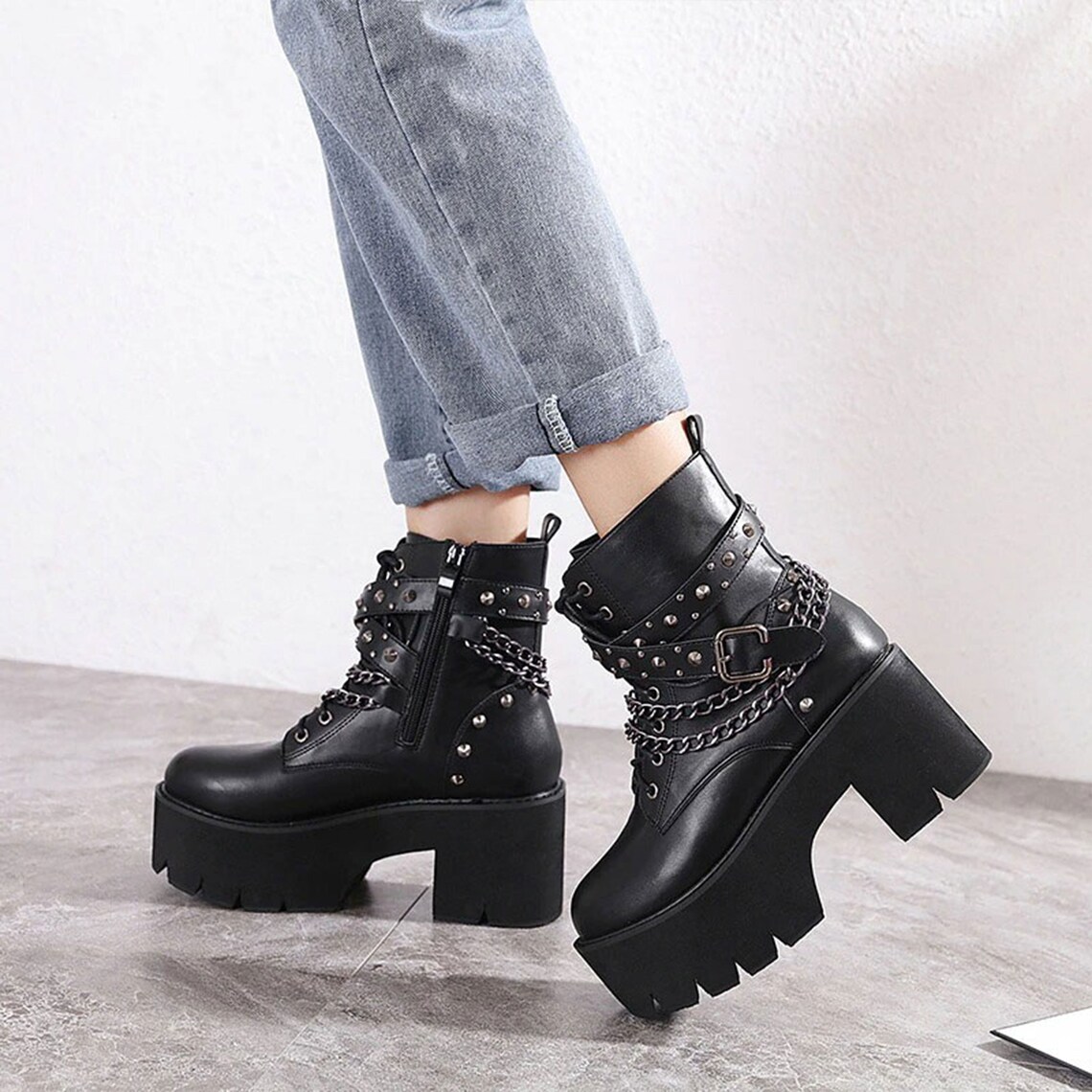 Platform Boots Goth Platform Shoes Motorcycle Boot Lace up Etsy