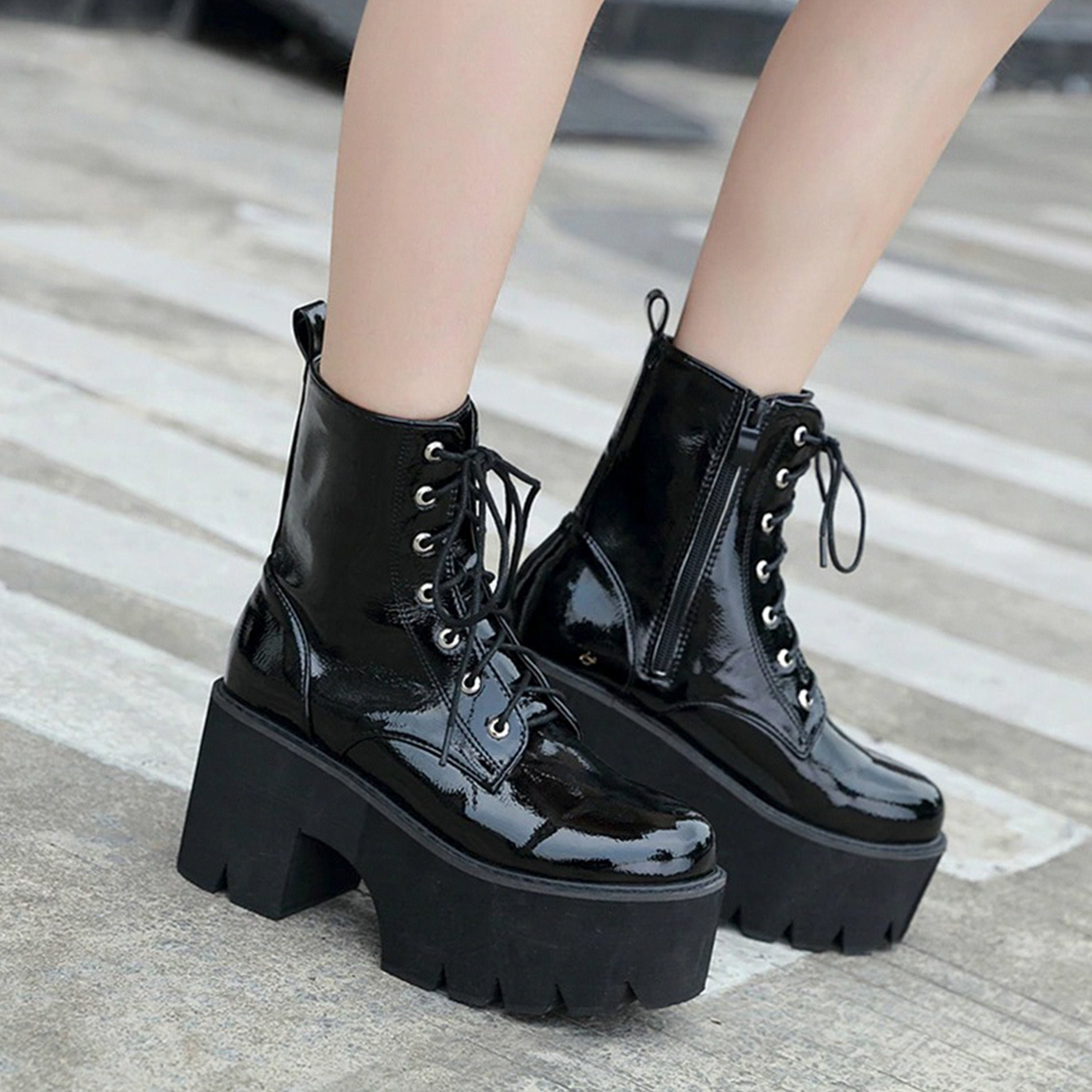 Womens Wedge High Heel Platform Buckle Zip Biker Casual Ankle Boots Creeper  2022