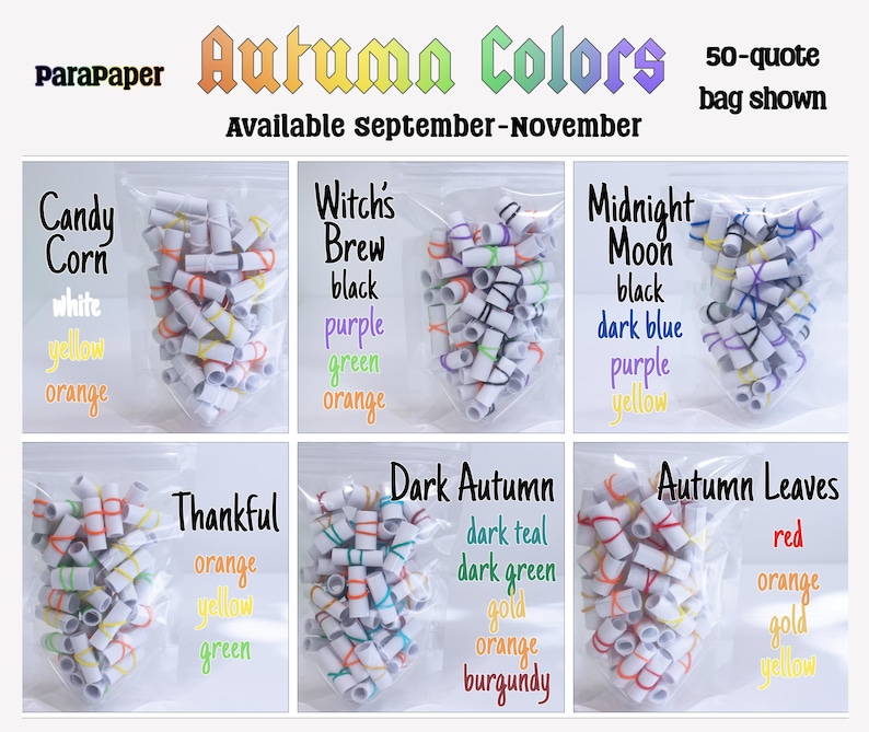May include: A collection of six clear plastic bags filled with small, rolled paper scrolls secured by colored rubber bands. Each bag is labeled with a theme name and a list of the specific rubber band colors included, such as Candy Corn, Witch's Brew, Midnight Moon, Thankful, Dark Autumn, and Autumn Leaves.