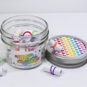 May include: A glass jar filled with rolled up pieces of paper, tied with colorful rubber bands. The jar has a label that reads "Little Jar of Pride. Twenty positive LGBTQ+ quotes. PandaPaper". The lid of the jar has a rainbow heart pattern.