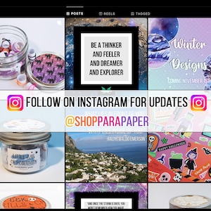 May include: A social media grid display featuring glass jars with labels like Little Jar of Positivity, inspirational quotes, winter-themed graphics, and Halloween stickers. A central banner reads FOLLOW ON INSTAGRAM FOR UPDATES @SHOPPARAPAPER.