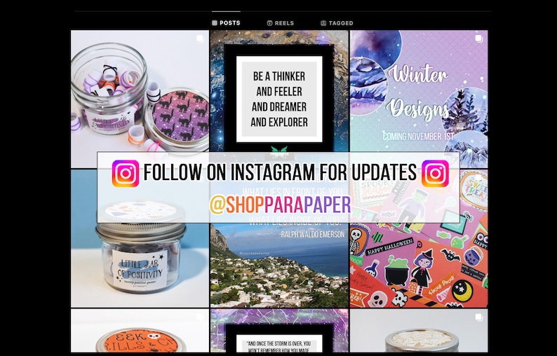 May include: A social media grid display featuring glass jars with labels like Little Jar of Positivity, inspirational quotes, winter-themed graphics, and Halloween stickers. A central banner reads FOLLOW ON INSTAGRAM FOR UPDATES @SHOPPARAPAPER.