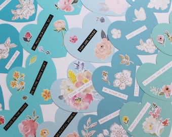 Heart Cards (50) - positive uplifting messages, blue teal thank you cards, ephemera, bridal shower, favors