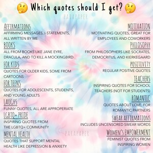 May include: A tie-dye background with pastel swirls of pink, blue, and yellow featuring the text Which quotes should I get? and a list of categories including Affirmations, Books, Kids, Teens, Laughs, LGBTQ+ Pride, Mental Health, Motivation, Philosophy, Positivity, Teachers, Romantic, Swear Affirmations, and Women's Empowerment.