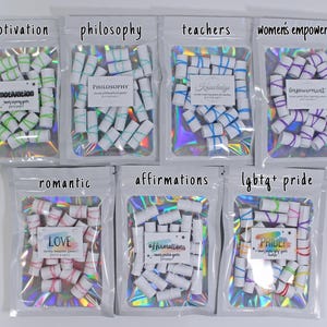 May include: Seven holographic pouches containing small white paper scrolls tied with colored elastic bands. Each pouch features a label with themes including motivation, philosophy, teachers, women's empowerment, romantic, affirmations, and lgbtq+ pride.