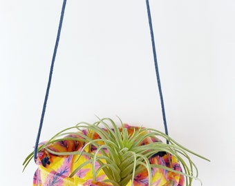 Resin-coated Fabric Air Plant Hanger - Large - “Wild RAYON” in Sunshine on a navy leather strap