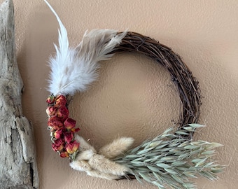 Small Wreath: Feathers, Bunnytail Grass, Roses, and Oat