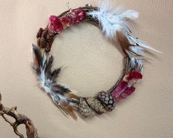 Small Wreath: Feathers, Pink Flowers and Pinecones