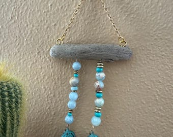 Tiny Gemstone Beaded Hanging: Amazonite w/ Patina Green Sacred Heart Focals