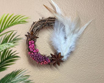 Tiny Wreath: Feathers and Pink Flowers