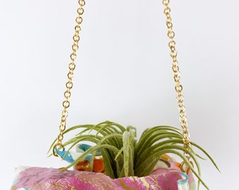 Resin-coated Fabric Air Plant Hanger - Small - “Rise" in Dream Shell Metallic on a gold chain