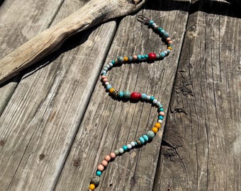 Gemstone Beaded Doorbell Hanging, Windchime, Door Chime, Wall Hanging: Amazonite and Coral