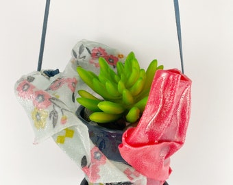 Jardinière suspendue en tissu en résine - Floral gris, rose et bleu marine