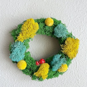 Mini Wreath Green, Yellow & Light Turquoise with Dried Billy Balls Flowers image 1