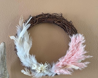 Small Wreath: Pink Pampas Grass, Dried Flowers, and Rooster Feathers