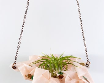Resin Fabric Air Plant Hanger - Large - Pineapples on pink w/ an antique bronze chain