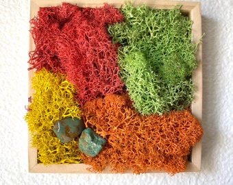 Moss Wall Art Coral, Yellow, Orange, and Green w/ Turquoise gemstones.