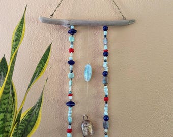 Gemstone & Bell Wall Hanging: Aqua, Navy, and Red w/ Copper Bell