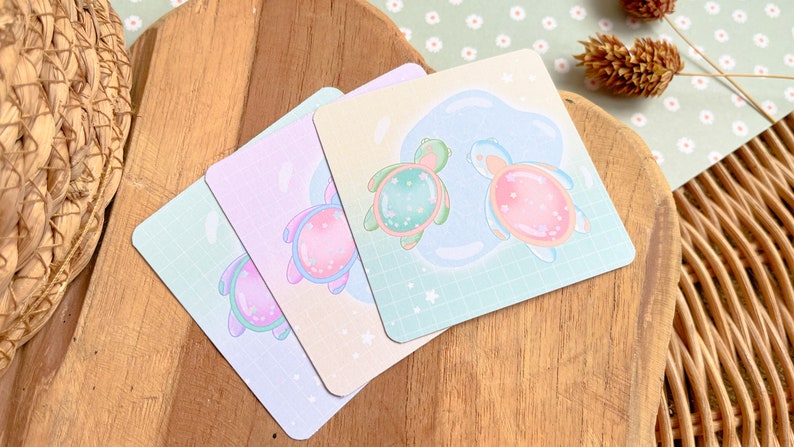 Kawaii Mini Card Pastel drawing Art print Scrapbooking paper Set of 3 mini prints Turtle Pool Matte
