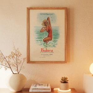 Anuncio de mujer en traje de baño vintage para imprimir / Póster de playa retro estético de verano / Descarga digital Arte de pared Decoración costera / Impresión de moda francesa