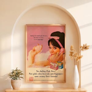 Anuncio de jabón vintage Dove Pink para imprimir / Estética de belleza retro / Impresión de arte de pared con descarga digital para tocador de baño / Póster femenino para decoración de habitación