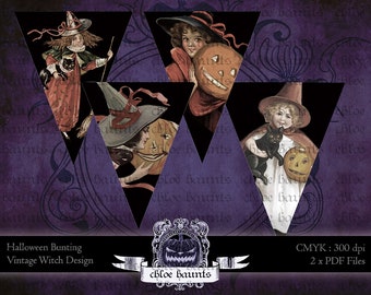 Vintage Halloween Digital Bunting Banner Victorian Antique Retro Witches Witchy Print Black Cat CMYK 300 PPI PDF