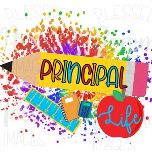 Peut inclure: Un fond arc-en-ciel color&eacute; avec un crayon jaune qui dit "PRINCIPAL LIFE". Il y a une pomme rouge, une r&egrave;gle bleue, un cahier et une calculatrice.