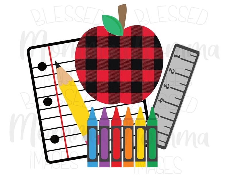 K&ouml;nnte beinhalten: Eine digitale Illustration mit Schulmaterialien. Ein rot-schwarz karierter Apfel liegt auf einem linierten Notizbuch mit einem gelben Bleistift. Ein graues Lineal und eine Reihe bunter Buntstifte vervollst&auml;ndigen das Design. Der Text "Blessed Momma Images" befindet sich im Hintergrund.