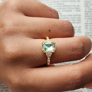Vintage Style Emerald Cut Green Ring | Classic Engagement Style Ring | Dainty Gold Band | Classic Cocktail/Statement Ring | Art Deco Jewelry