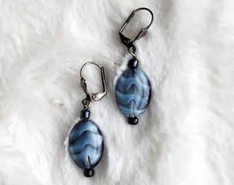 Vintage Blue Marble Earrings, Y2k Style Blue Pattern Dangle Earring with Unique Clasp