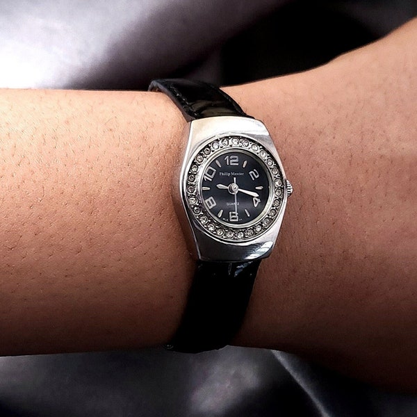 Vintage black leather wristwatch, original Philip Mercier, quartz watch, the perfect dainty dress watch