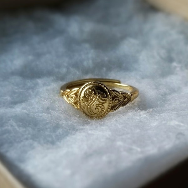 Vintage S925 Sterling Silver Adjustable Ring, Gold Signet Ring, Dainty Engraved Ring, Simple Vintage Ring, Iris Flower Ring