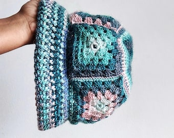 Vintage Style Granny Square Bucket Hat | Handmade Blue Crochet Festival Hat | Boho Retro Hat | Colorful Fall Bucket Cap