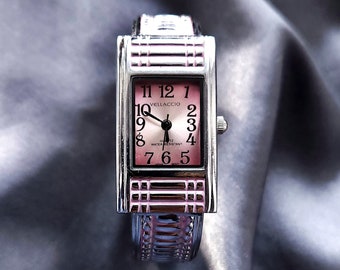 Vintage Vellaccio Women's Wristwatch, Pink Rectangle Watch, Stainless Steel Cuff Watch, Retro Timepiece, 2000's Accessory,Rare Antique Find