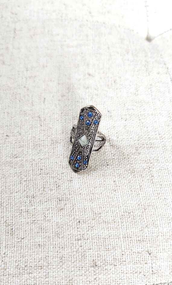 Vintage Silver Statement Ring with Blue Gems | En… - image 4