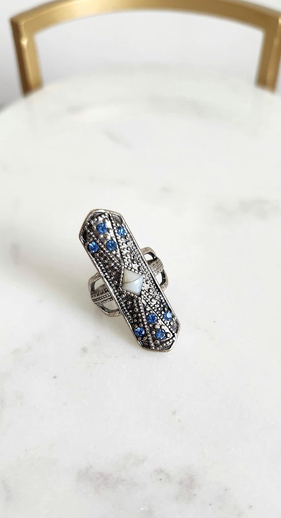 Vintage Silver Statement Ring with Blue Gems | En… - image 2