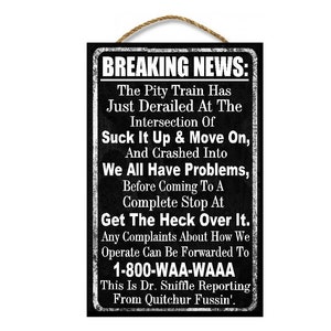 Funny Gifts Breaking News Pity Train Derailed Retro Rustic Wood Sign Home and Office Decor