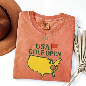 Chemise ouverte de golf USA, t-shirt couleurs confort, t-shirt carte de golf américain, t-shirt cadeau championnat, t-shirt unisexe pour fan de sport