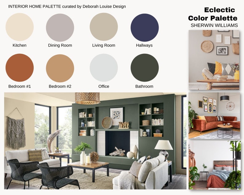 May include: A color palette featuring 10 different paint colors from Sherwin Williams. The colors are labeled with room names, such as Kitchen, Dining Room, Living Room, Hallways, Bedroom #1, Bedroom #2, Office, and Bathroom. The colors range from light beige to dark green. The image also shows a living room with a fireplace and a couch, a bedroom with a bed, and a living room with a couch and a coffee table.