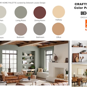 以下が含まれることがあります： インテリアホームデザイン用のカラーパレットで、8種類の異なる塗料の色が特徴です。色は、キッチン、リビングルーム、ダイニングルーム、ホールウェイ、ベッドルーム、バスルーム、オフィスなど、部屋の名前でラベル付けされています。このパレットは、デボラ・ルイーズ・デザインによってキュレーションされており、ホームデポでのみ独占的に販売されています。
