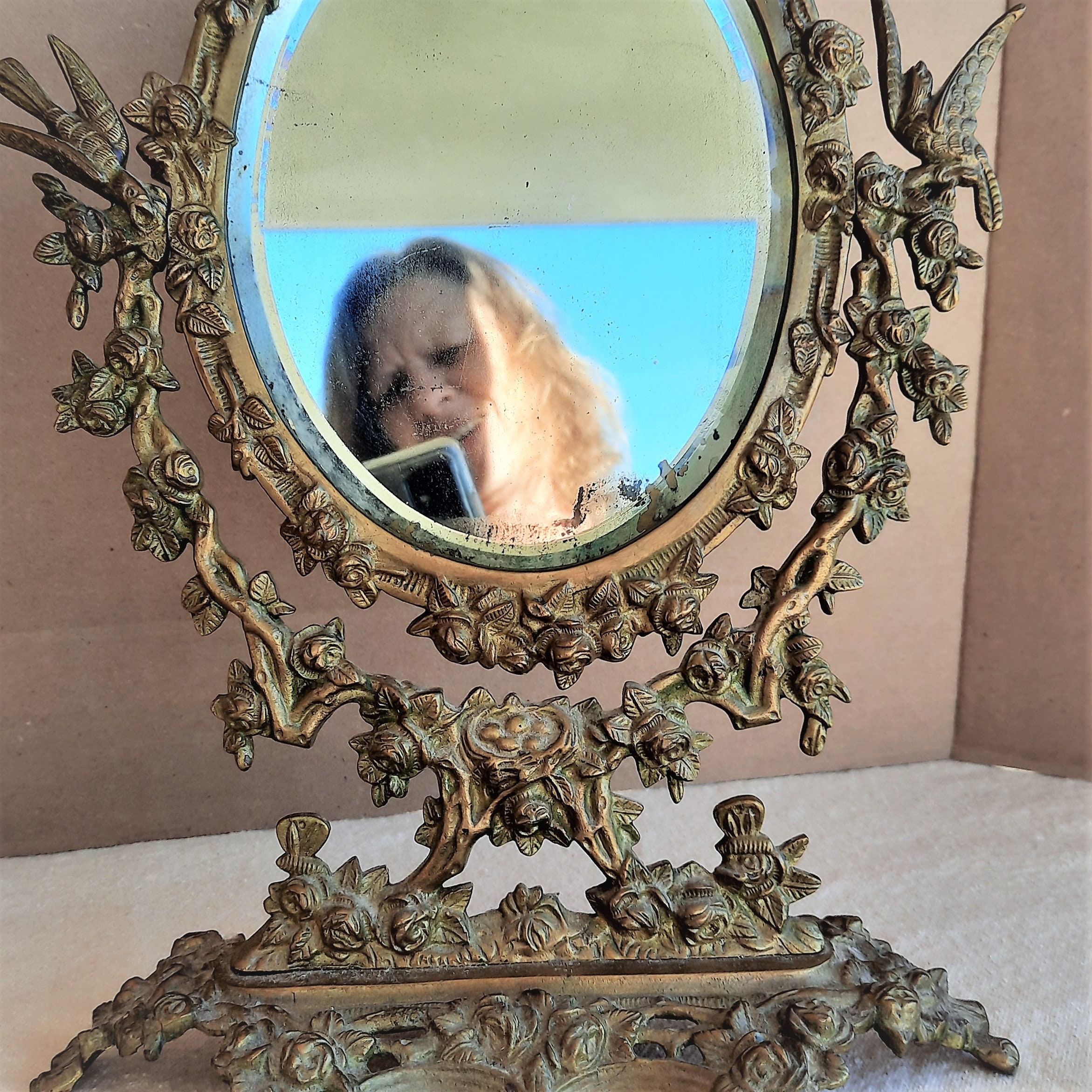 Vintage Gilt Brass Mirror Vanity Stand Ornate Fairy Tale Gold Etsy