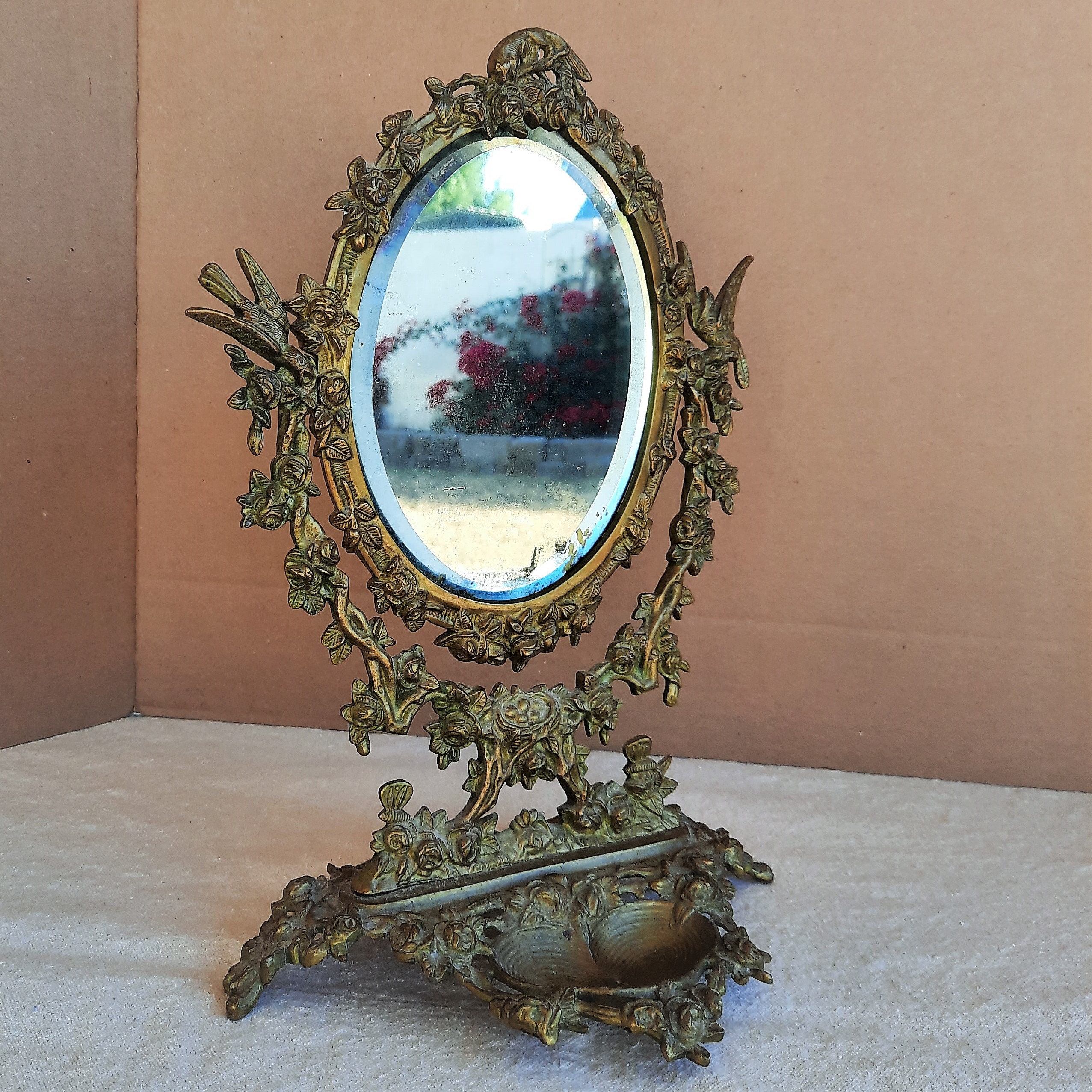 Vintage Gilt Brass Mirror Vanity Stand Ornate Fairy Tale Gold Etsy