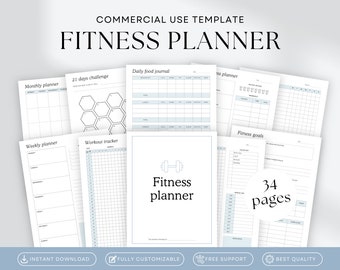 May include: A fitness planner with pages for monthly and weekly planning, a workout tracker, and a daily food journal. The cover reads "Fitness Planner" with a dumbbell icon. The planner has 34 pages and is designed for commercial use.