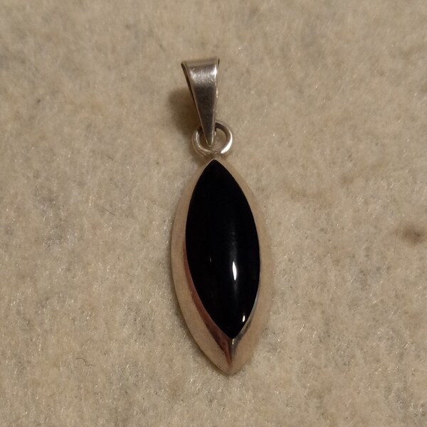 Sterling silver onyx pendant. "CII, Mexico, 925" 1 3/4" long