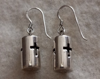 Sterling silver, cylinder cross dangle earrings. "925". 1 1/8" long